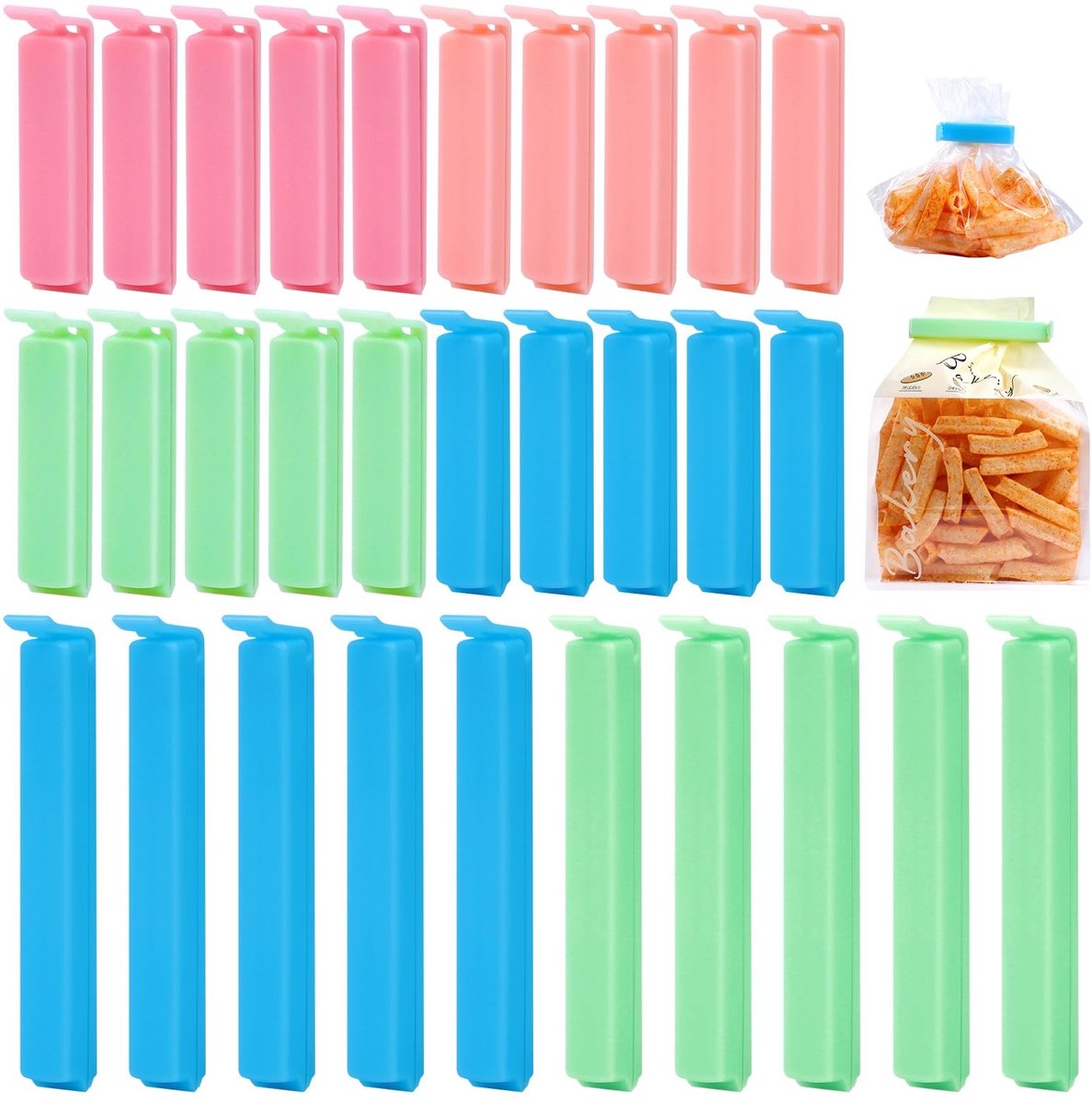Dailygoods- Voedselzakclips 30 Stuks - Herbruikbare Clips - Voedselopslag - Vriezerzakken - Huisdiervoerzakken - Kleur: 4 Kleuren - Voedselclips