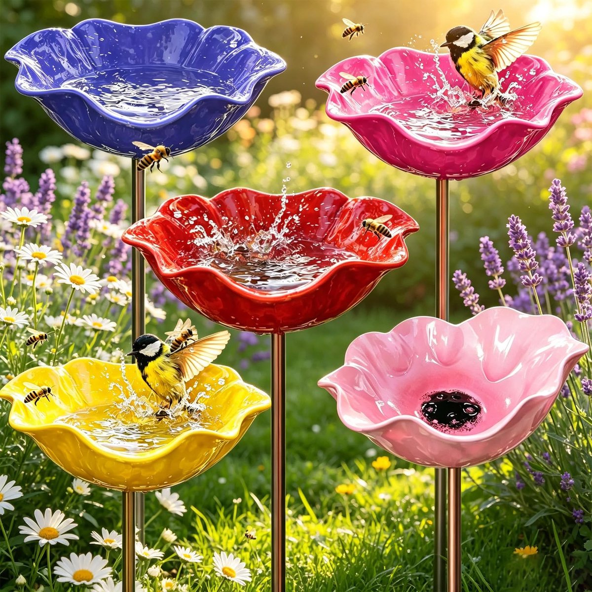 SnelShoppen - Voederdispenser voor vogels 5 stuks, metalen vogelbad, drinkbak voor bijen, voederstation voor vogels, vintage tuin decoratie voor balko