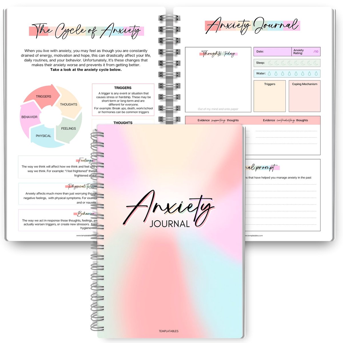 SnelShoppen - Templatables Angst Journal A5 | Werkbladen voor Angst Relief, Geleide Prompts, CGT Therapie Notebook, Kleurig Werkboek voor Geestelijke