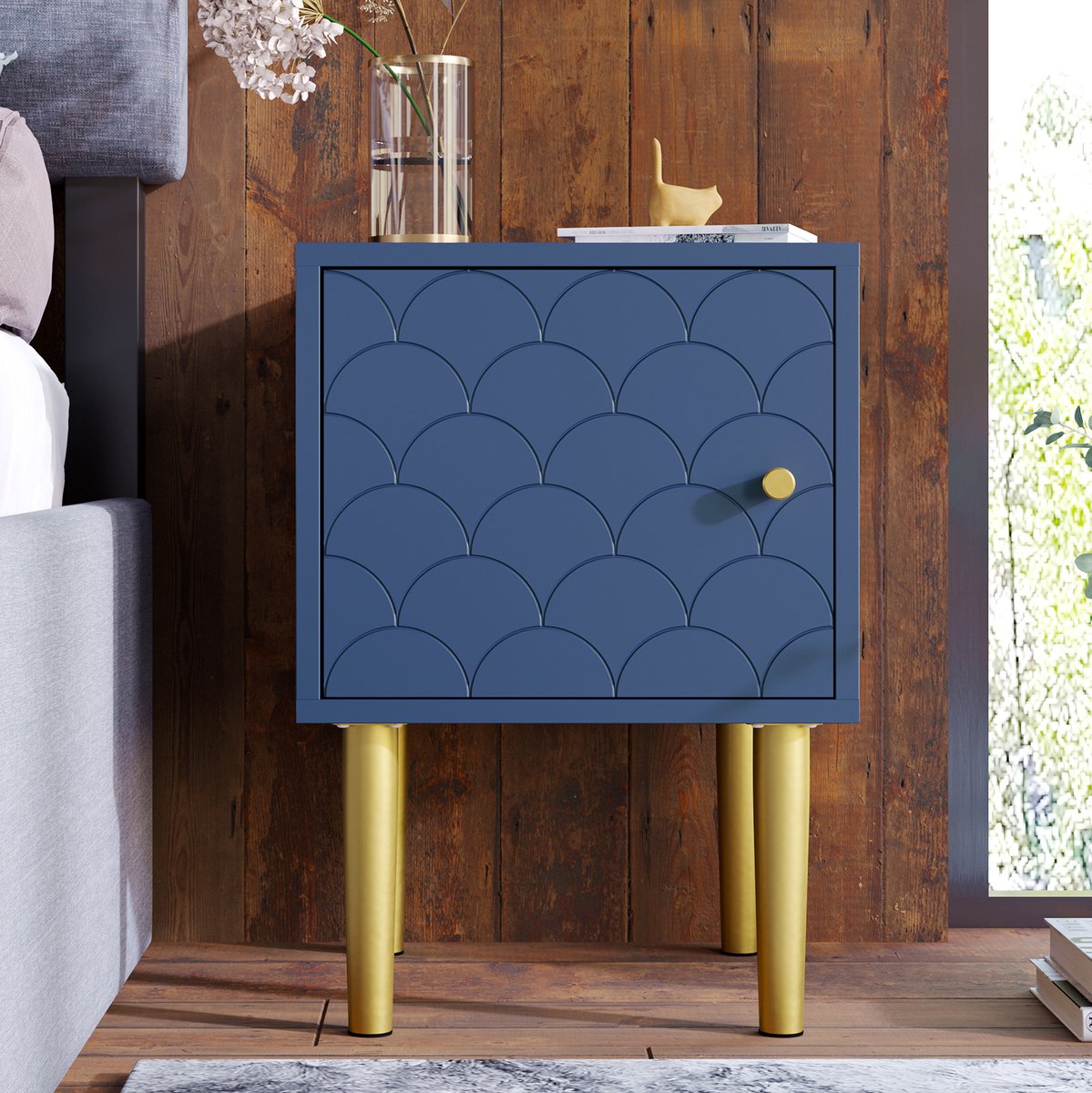 STILVORA Nachttafel Set Van 2 - Marineblauw Met Gouden Metalen Poten En Geometrisch Paneel - Voor Slaapkamer En Woonkamer - 35x35x51 Cm