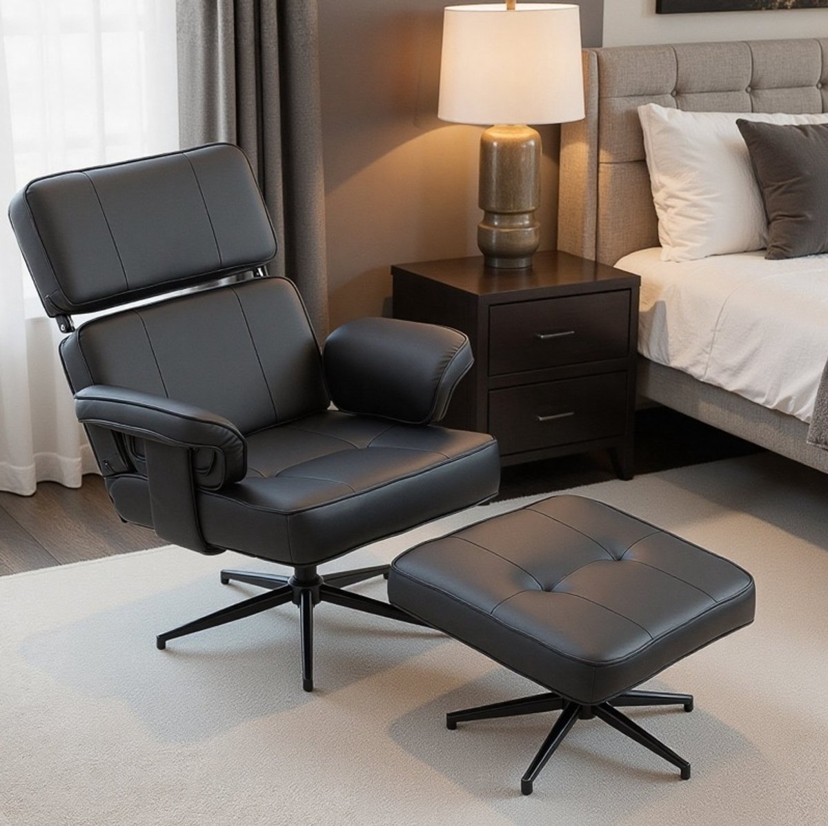 OKWISH Relaxfauteuil - Verstelbare Fauteuil Met Hocker En Hoofdsteun - Voor Woonkamer En Leeshoek - Kunstleer - Zwart