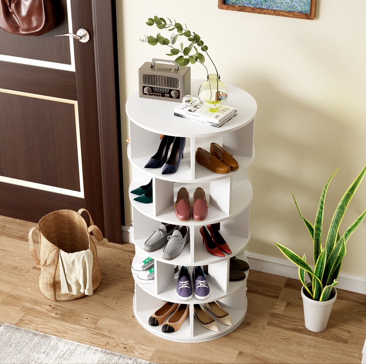Draaibaar Schoenenrek – 5 Lagen – 115 cm Hoog – Spaanplaat – Wit – Open Opbergkast Voor Hal En Woonkamer