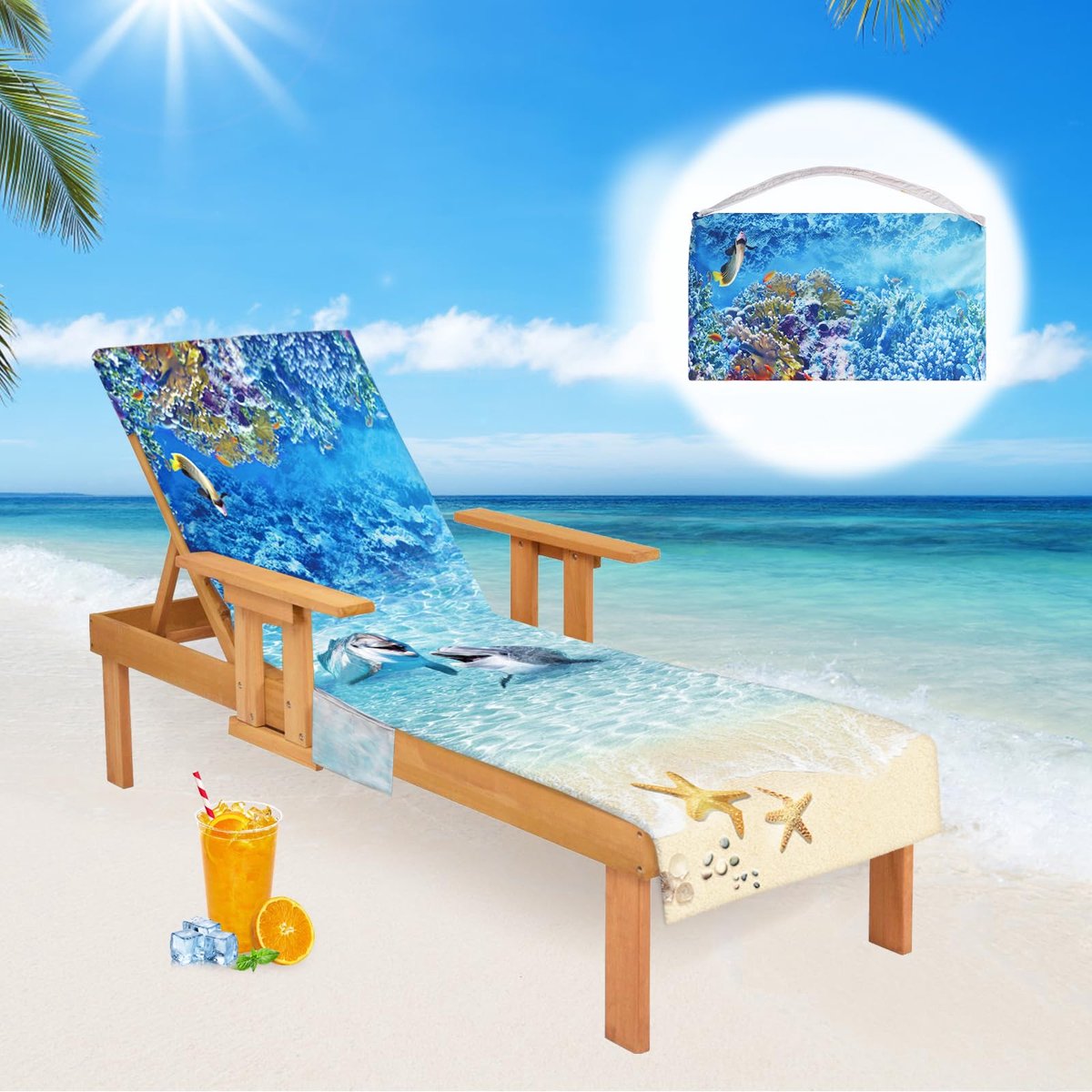 SnelShoppen - Ocean Garden Lounger Cover, Microvezel Sneldrogende Strandhanddoek met 2 Zakjes, Terrykatoenen Tuin Lounger Handdoek voor Zwembaden, Str