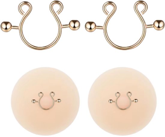 Twee roze klemmen met goudkleurige balletjes, boven twee siliconen tepelbedekkers met een goudkleurige klem.