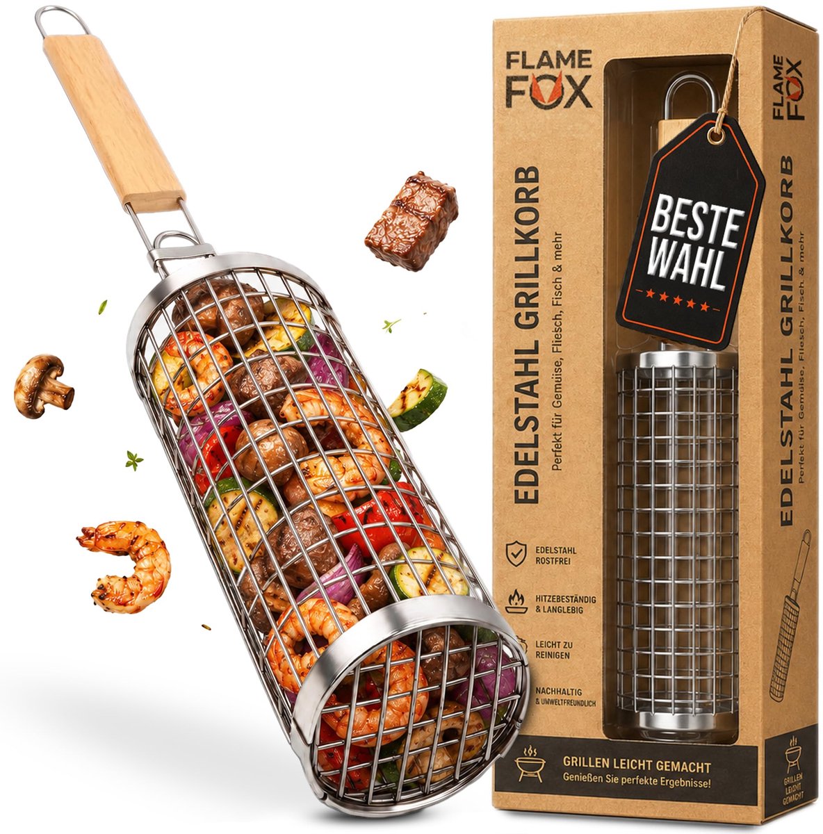 SnelShoppen - Hoogwaardige roestvrijstalen grillmand, 1 stuk, ideaal voor groenten, vlees, vis, duurzame BBQ accessoires, perfect voor tuinfeest, camp