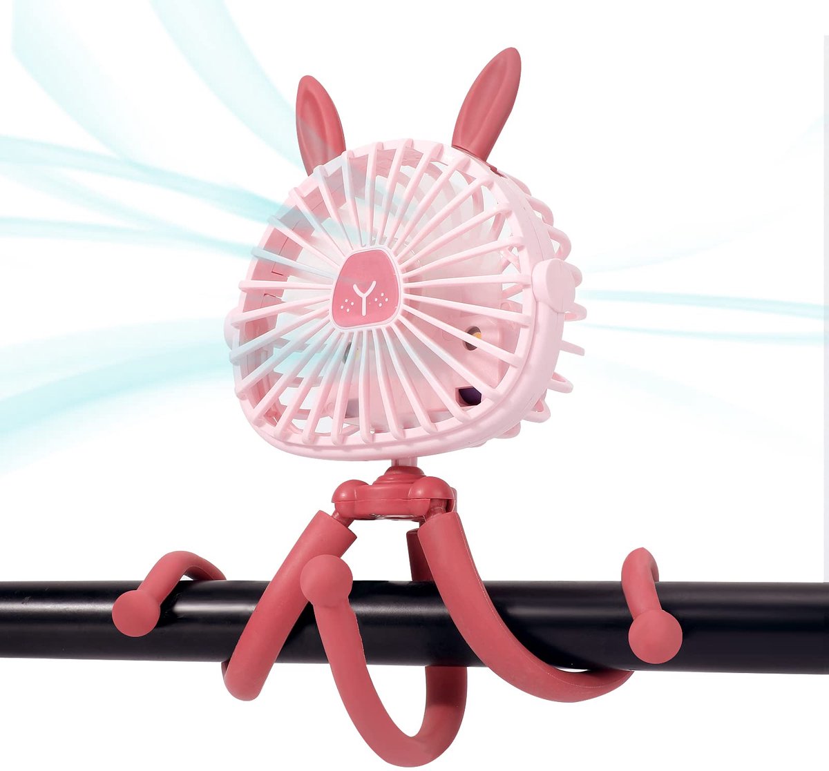 SnelShoppen - Creatieve wandelwagenventilator met schattige konijnenoren, flexibele statiefclip, LED verlichting, oplaadbare batterij, handheld persoo