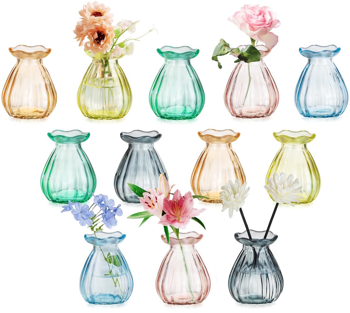 SnelShoppen - Glasseam Kleine Vaas voor Tafeldecoraties - 12 Stuks Mooie Gekleurde Glazen Vazen voor Woonkamer Eettafel en Bruiloftsfeesten, Tafelvers