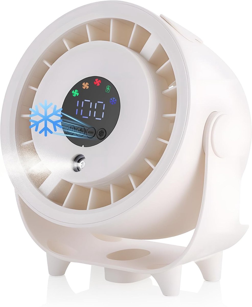 Oplaadbare Tafelventilator - Crèmekleurig - Compact en Licht - Met LED-Display en 6000 mAh Batterij - Voor Thuis en Kantoor