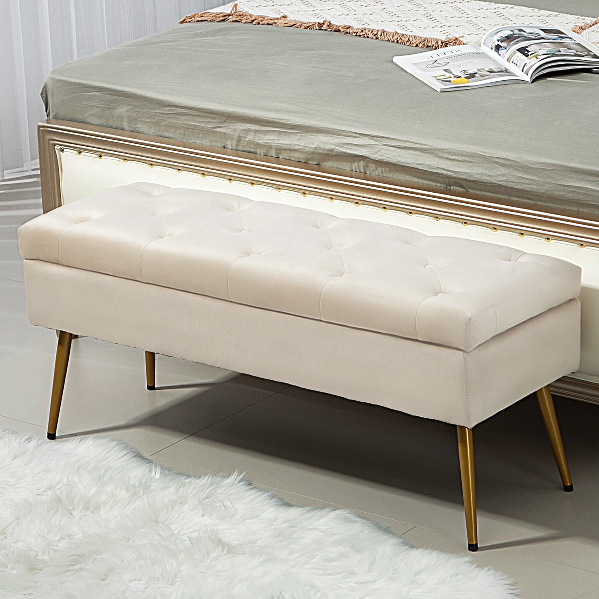 COVREO Opbergbank 102x35x43 cm beige, polyester met opbergruimte