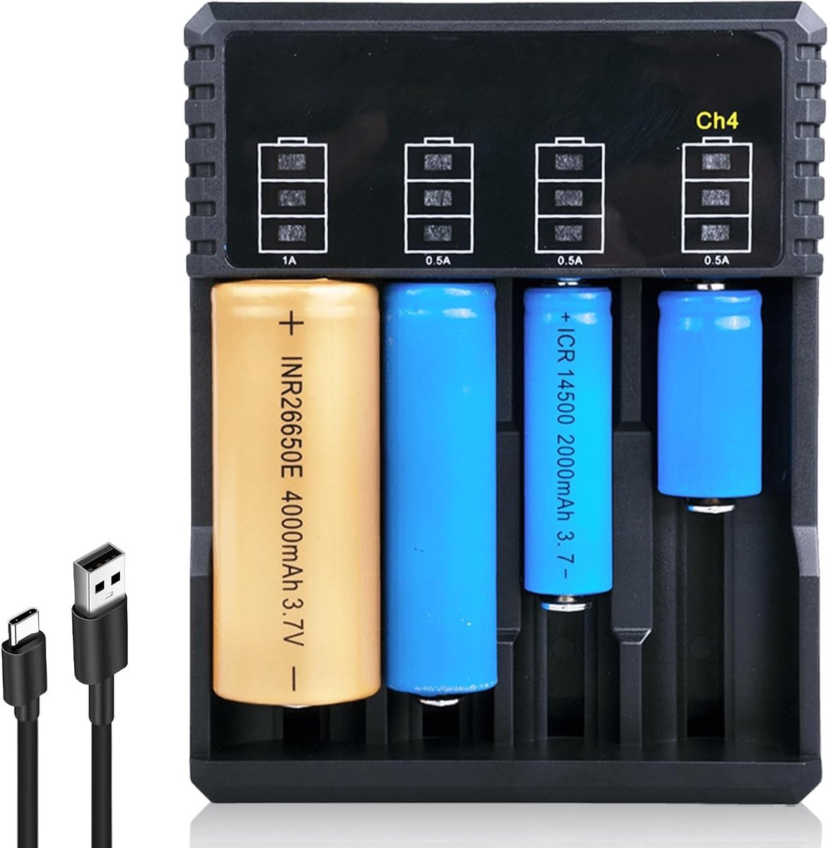 Acculader - Zwart - 3,5 x 10 x 3,5 cm - Universele 4-voudige Snelle Oplader voor Li-Ion Batterijen