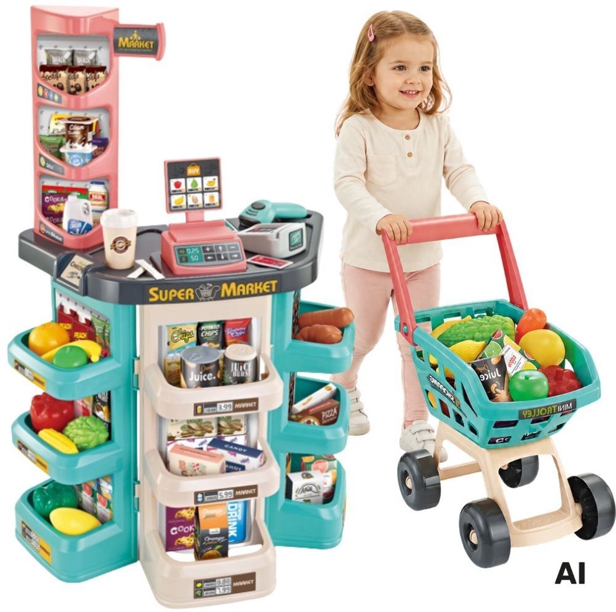 WOOPIE Winkel Supermarkt en Trolley Winkelwagen Kassa Gewicht Scanner 47 akc
