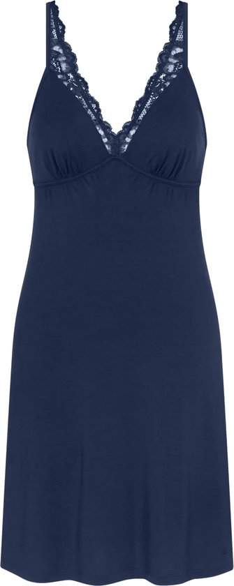 Blauw nachthemd met kanten V-hals en verstelbare bandjes.
