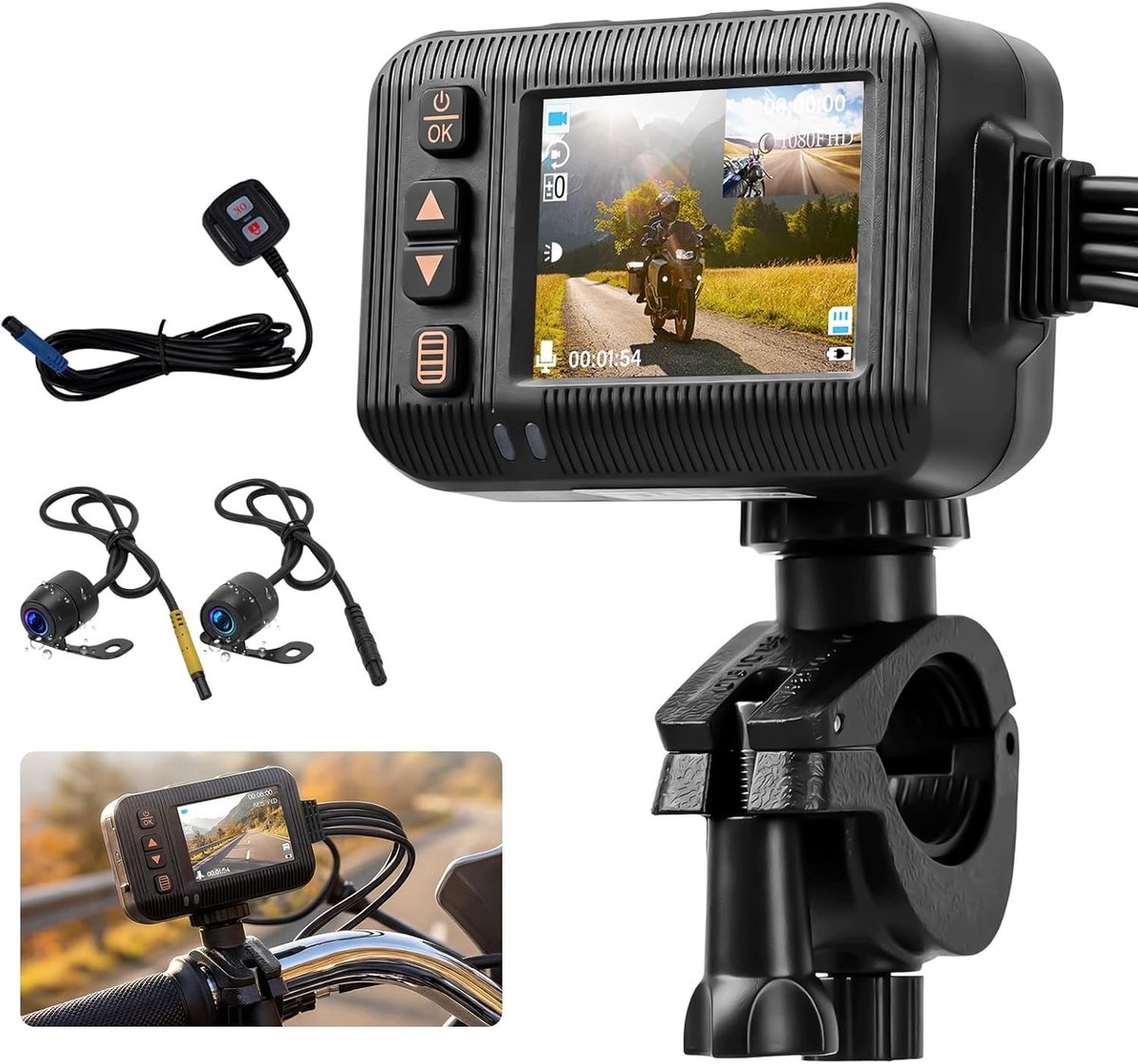 Motor-Dashcam voor en achter - 2 Inch - Dual-lens - IP67 - Voor Motorrijders