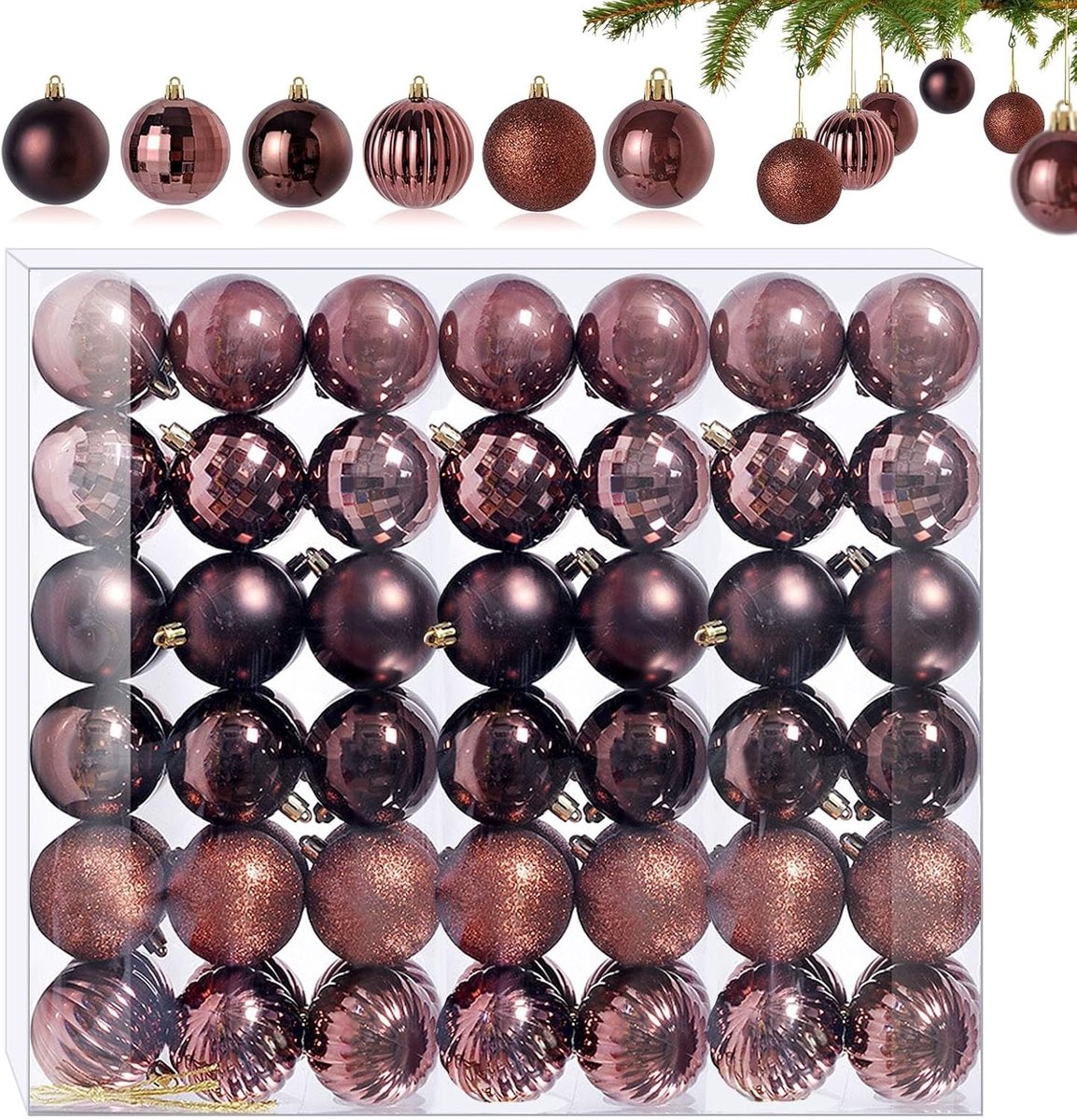 Kleine Kerstballen - Chocolade bruin - 3 cm - Plastic Mini Kerstballen met 6 Verschillende Ontwerpen - Voor Kerstboomdecoratie