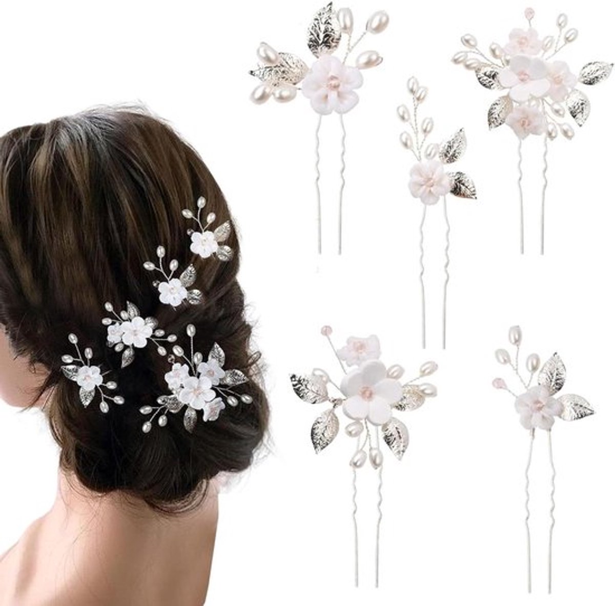 - Haarspelden 5 stuks bruiloft bloemen parels sieraden haaraccessoires zilver vrouwe.
