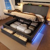 Wishdor Tweepersoonsbed 140x200 cm - Met hydraulische opbergruimte en lades - LED verlichting en USB poorten - Gecapitonneerd hoofdbord - Voor slaapkamer - Grijs