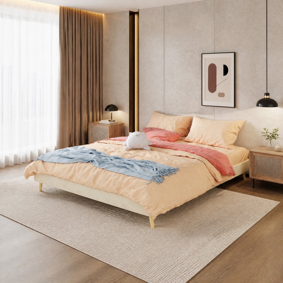 COVREO Bedframe 160x200 cm beige stof, lattenbodem, zonder matras