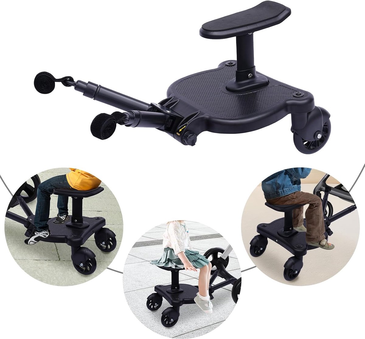 Meerijdplank Kinderwagen - Skateboard Kinderzitje - Reizen met Kinderen - Afneembare Zitting - Tot 25 kg - Zwart