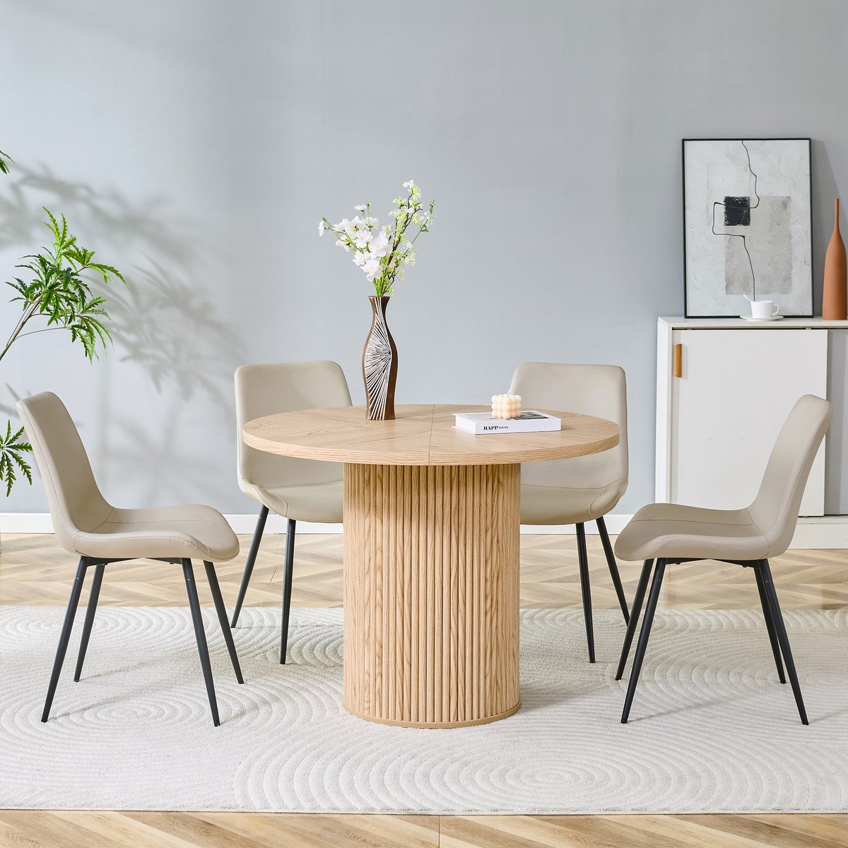 COVREO Ronde eettafelset 100 cm warm grijs MDF, 4 stoelen voor dagelijks gebruik