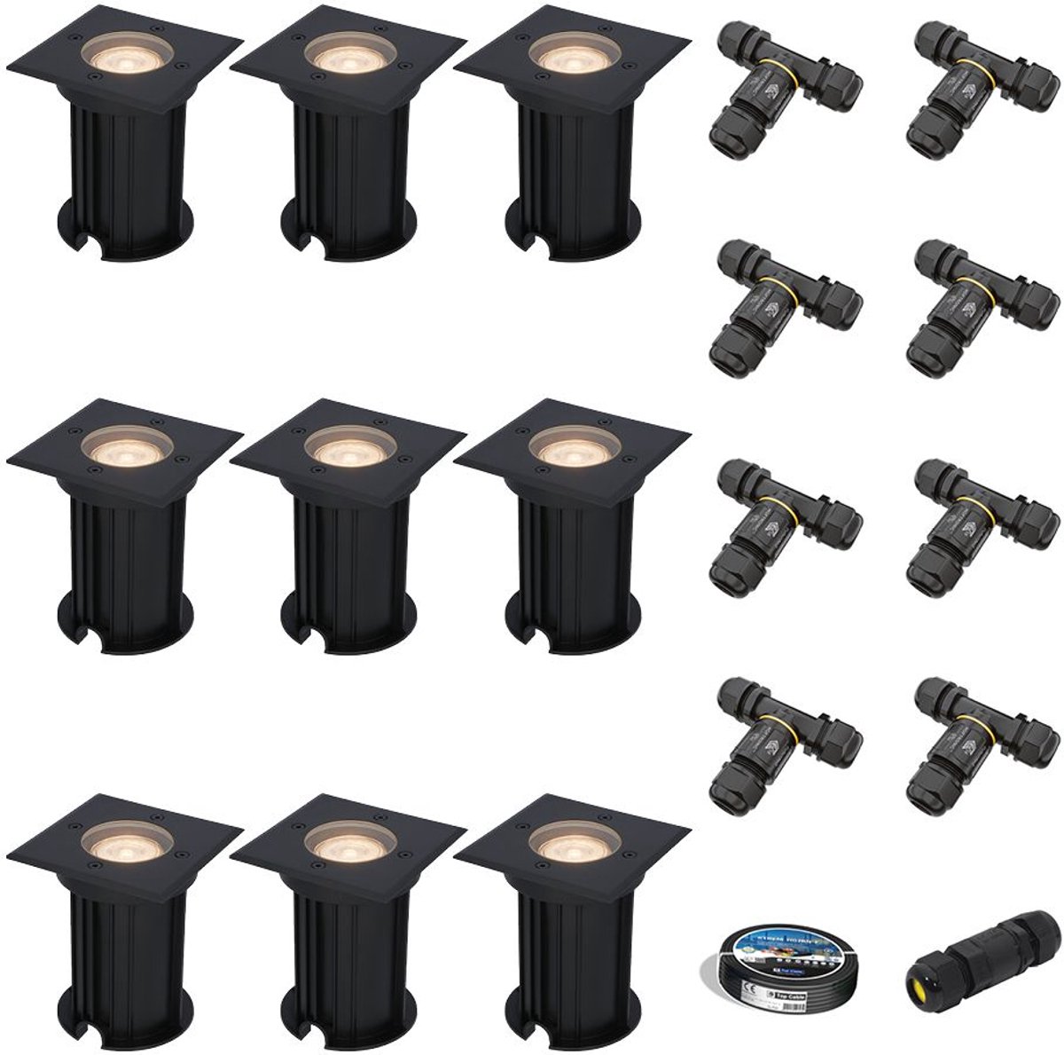 Set van 9 Ramsay LED Grondspots vierkant - Dimbaar - GU10 - 2700K warm wit - 4W 345lm - Tuinspot - Zwart - IP67 waterdicht - Overrijdbaar voor de Oprit, Tuin en Terras - Inclusief installatiemateriaal (Kabel & connector)