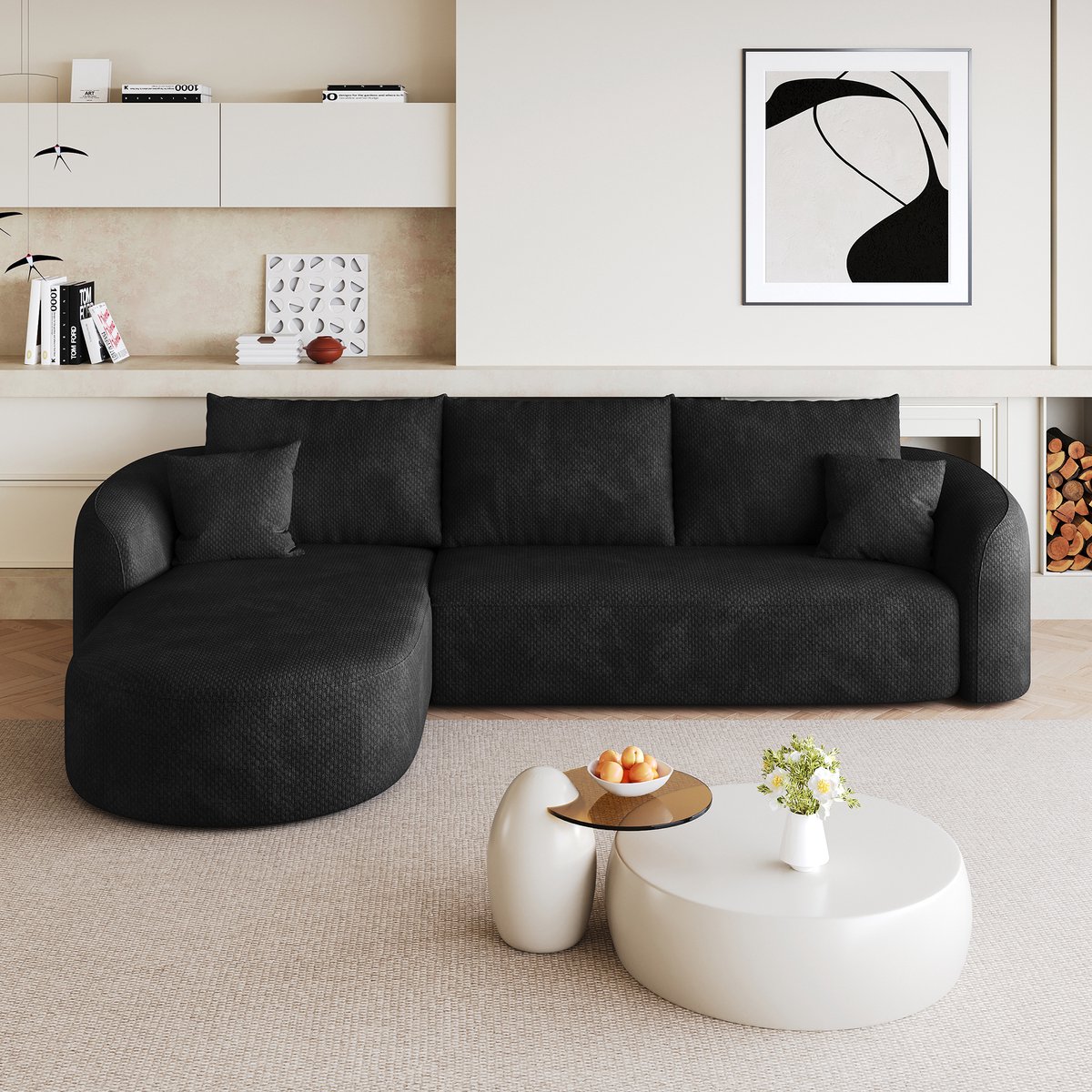 Wishdor Hoekbank 266 cm - L-vormig - Zonder montage - Chenille stof - zwart - 4-zits - 266 x 168 x 85 cm