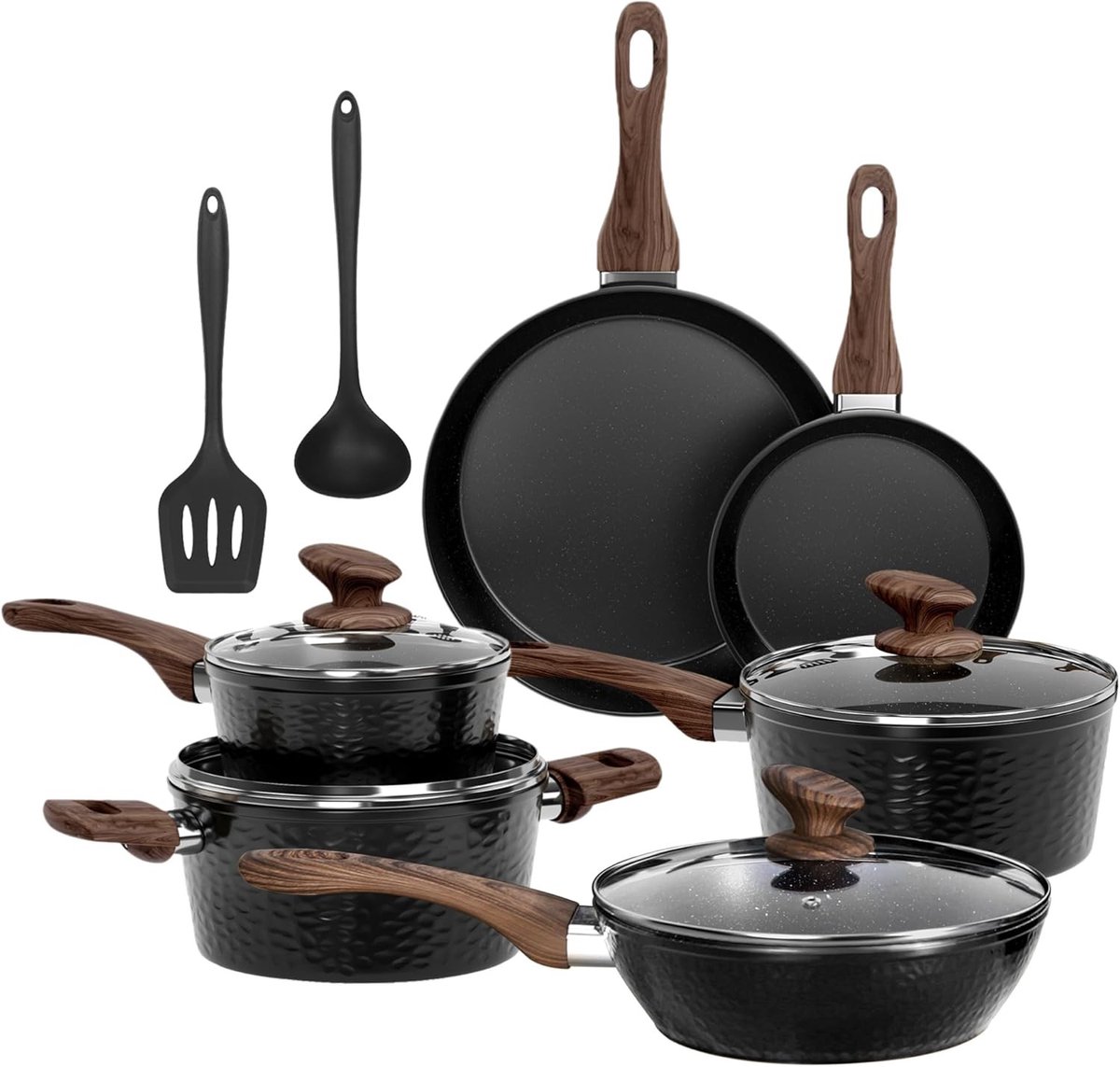 Inductie pannenset - Zwart - 28 cm - Aluminium met Granieten Coating - 12-delig Kookgerei voor Gezond Koken