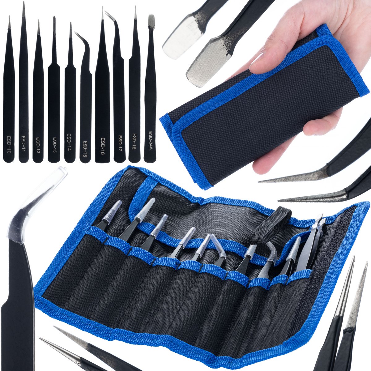 Rosfix Precisiepincet Set - 10 ESD Precisiepincetten, Niet-Magnetisch - Zuurbestendig, Geharde Punt