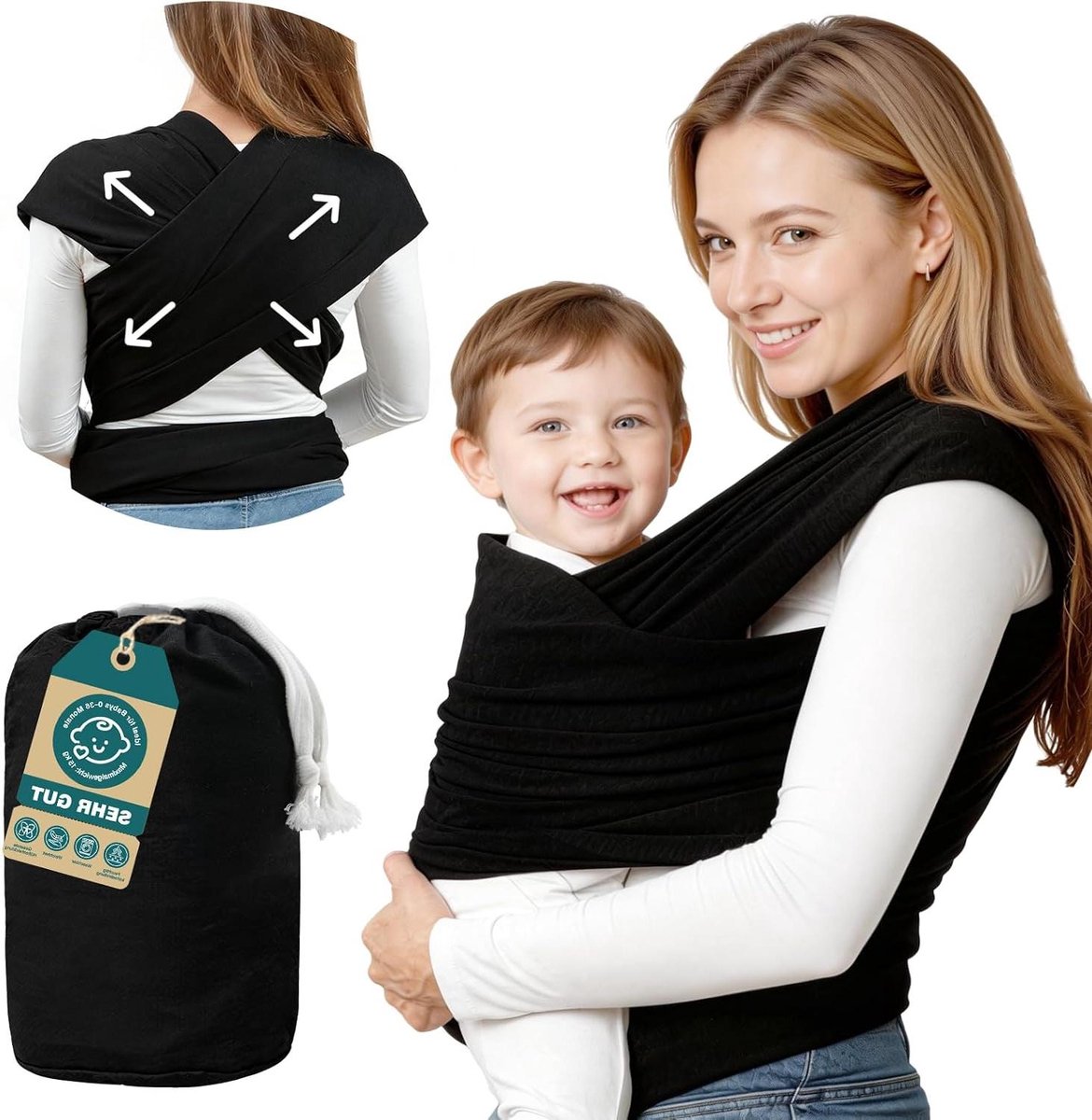 Baby Draagdoek - Draagband Baby - Baby Knus Houden - Ergonomisch Ontwerp - 45 x 510 cm - Zwart