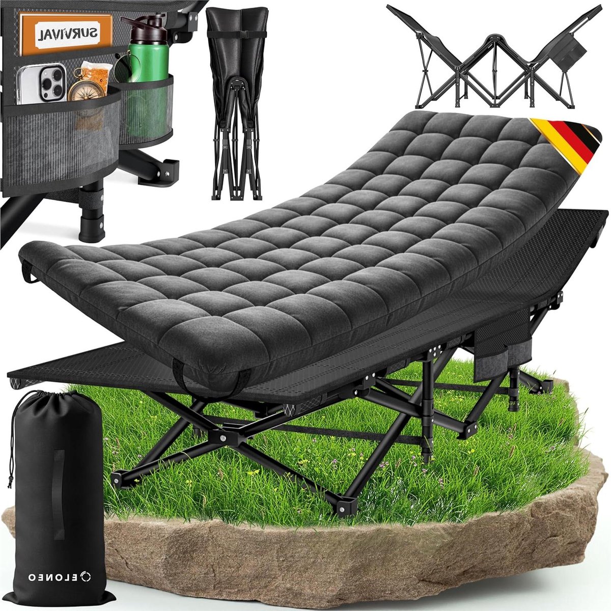 Veldbed Inklapbaar - Campingbed Logeerbed - Ontspannen Buiten - Met Premium Kussen - Tot 200 kg - Antraciet