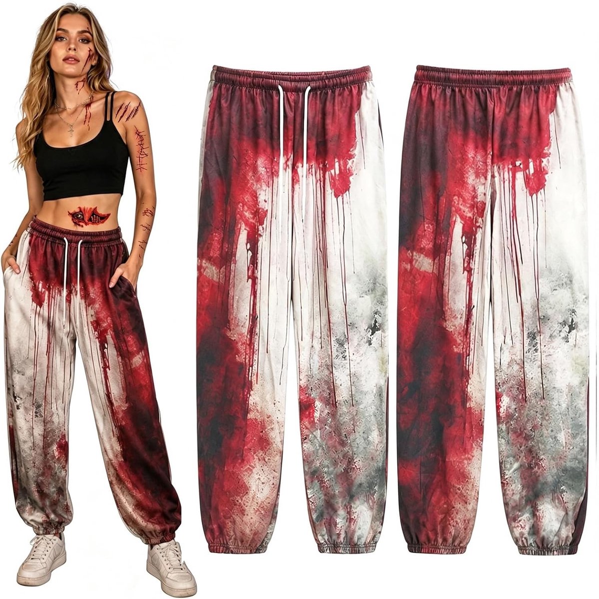 Halloween kostuum voor dames met bloedige sportbroek en eng design | Griezelige joggers, horror joggingbroek, spookachtige sweatpants, perfect voor Halloween feestjes