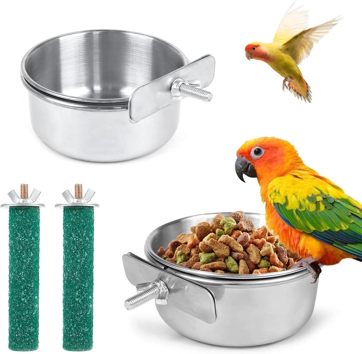 Hanging Bird Feeder Set van RVS met Houder, Voederbak voor Vogels en Papegaaien, Ideaal voor Water en Voeding