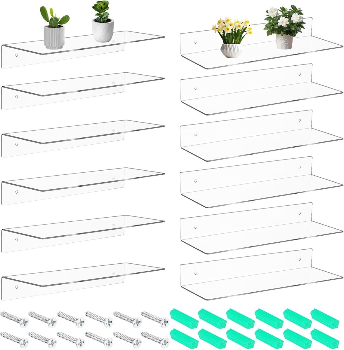 Set van 10 Heldere Acryl Drijvende Planken, L-vormige en Rechthoekige Planken voor Boeken, Decoratie en Organisatie in Slaapkamer, Woonkamer, Badkamer en Kantoor