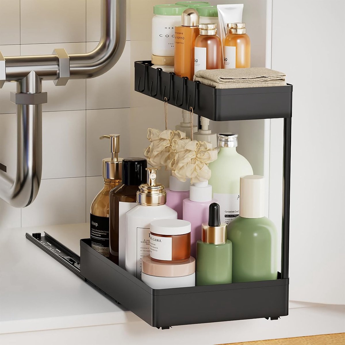 Foliehouder - Wit - 39,1 x 22,9 x 38,1 cm - Uittrekbare Opbergorganizer met Metalen Railings - Voor Keuken en Badkamer