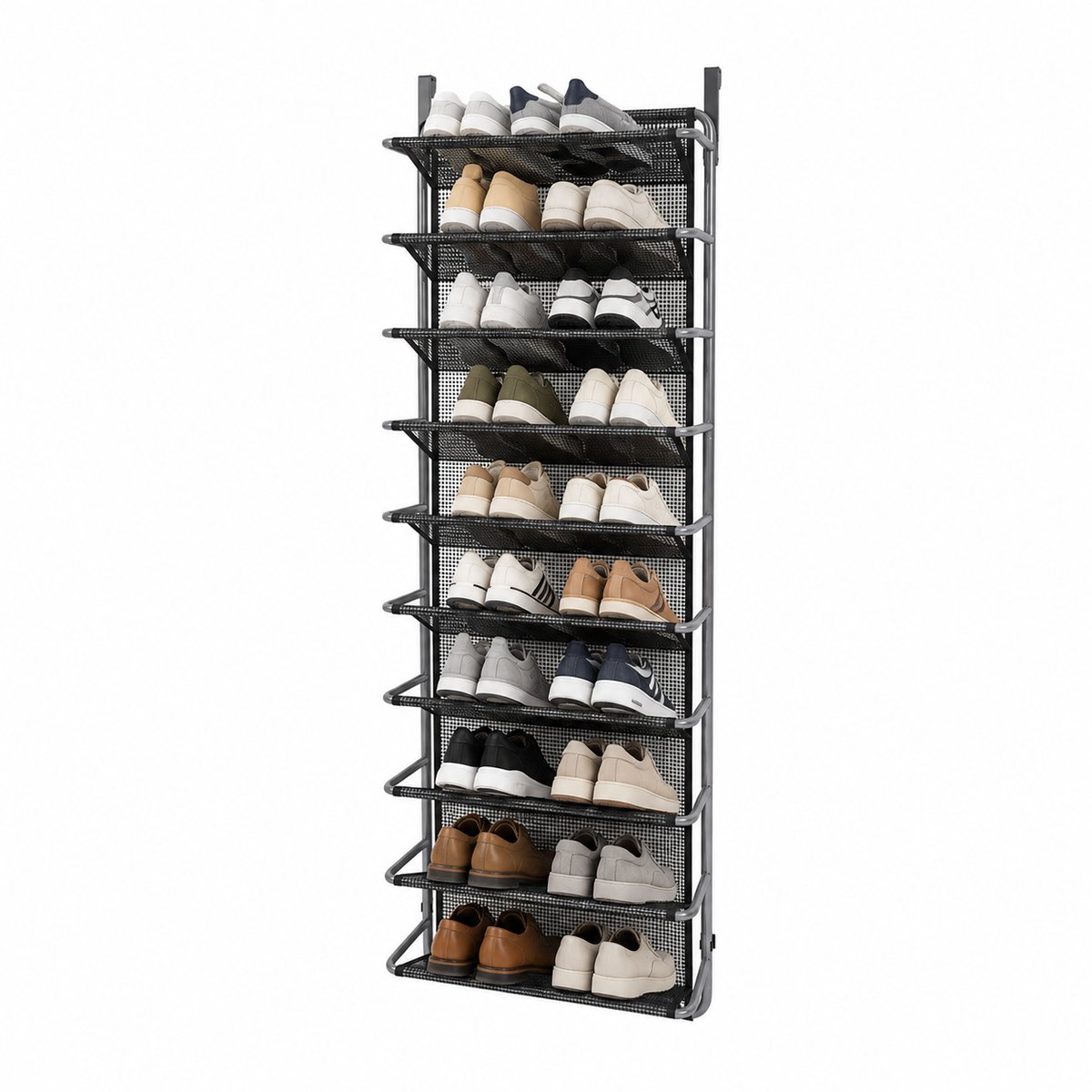 Schoenenrek Hangend - 10 Laags - Zwart / Zilver - Hangende Schoenenkast voor aan Deur - Opbergsysteem voor Schoenen
