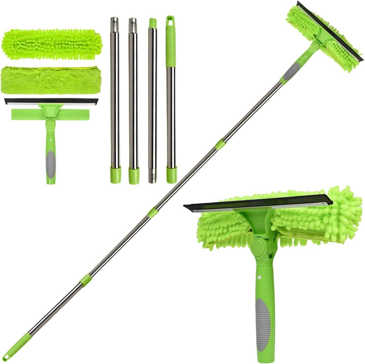 Raamreinigingsset - Raamwisser met steel - Glas Snel Reinigen - Verstelbare Hoekkop - 180 cm - Groen