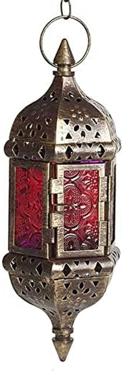 Metalen tuinlantaarns - Hangende kandelaars - Sfeerverlichting buiten - Zeshoekig Marokkaans design - 9 x 23 cm - Wit geborsteld goud