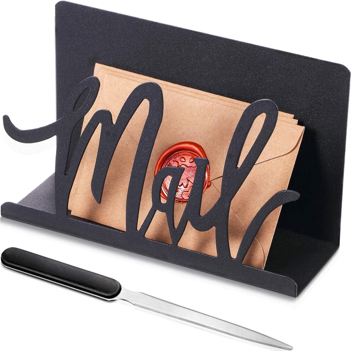 Posthouder - Zwart - 15 x 9 x 5 cm - Metalen Brievenhouder met Briefopener - Voor Thuiskantoor en Bureau