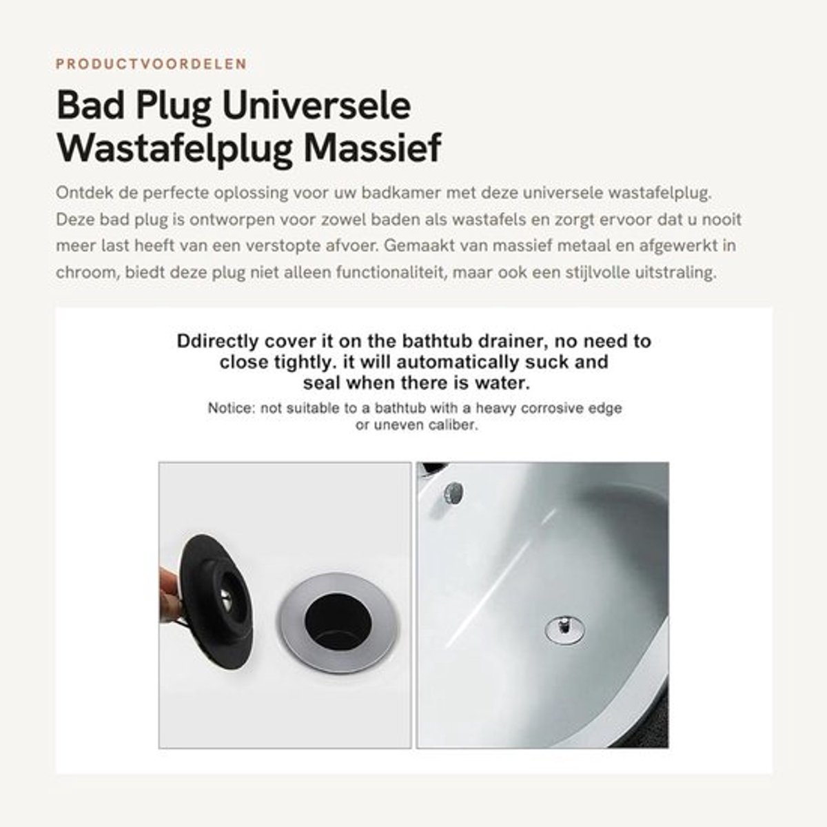 Wastafelplug Universeel - Afvoerplug - Badstop - Gootsteenstop - Massief Metalen - Met Ketting - Afvoerstop