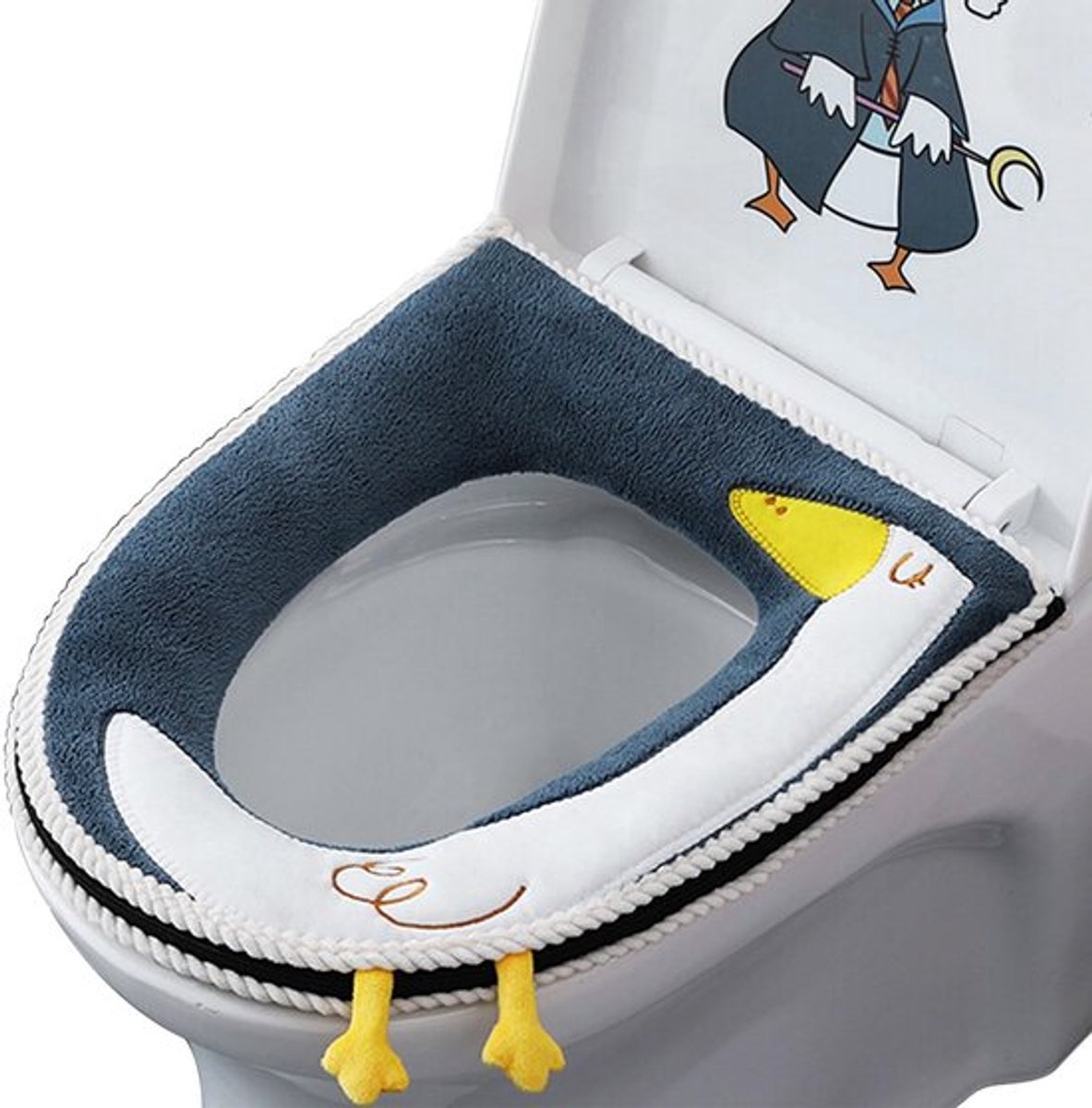 Wc-brilwarmer, wc-brilhoes, zacht badkamerkussen, universele ritssluiting, waterdicht, antibacterieel leer met handvat, wasbaar, blauw