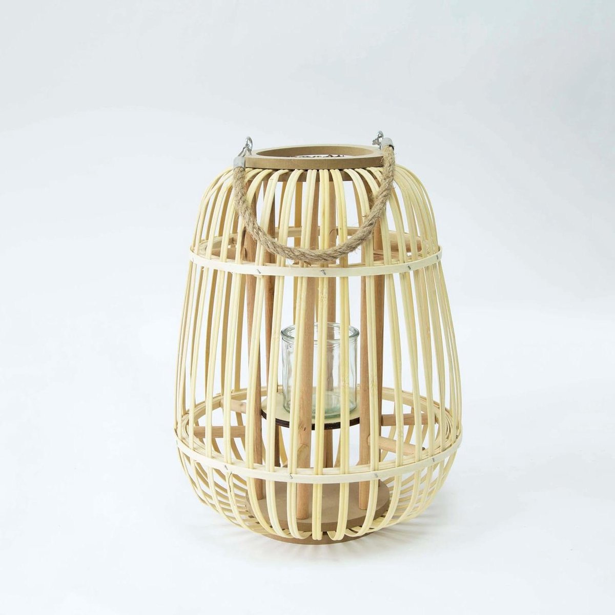 Rotan Lantaarn - Decoratieve Windlicht - Sfeervolle Verlichting - Met Glazen Houder - 37cm Hoog - Natuurlijk Beige