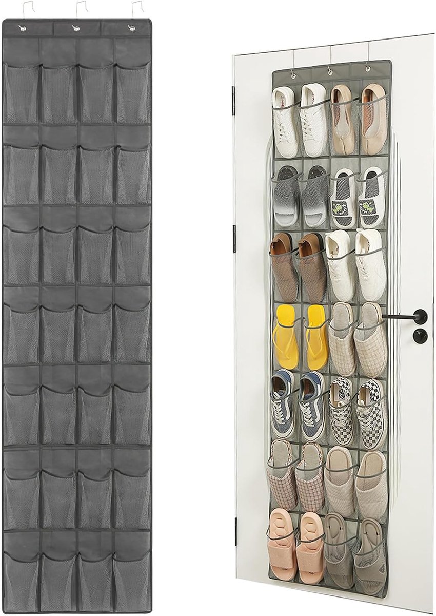 Schoenenrek om op te hangen - Grijs - 190 x 50 cm - Opvouwbare Organizer met 28 Vakken en 3 Haken - Voor Schoenen en Meer