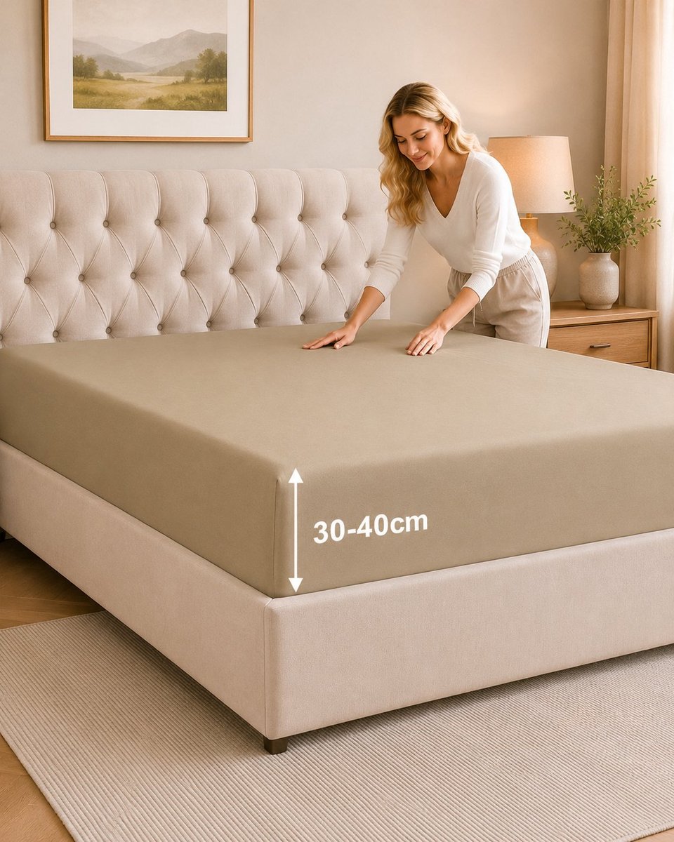 Tbeloo Hoeslaken 90x200 cm – 40 cm diepte – Geborstelde microvezel – Geschikt voor boxspring – Past op matrassen tot 40 cm – OEKO-TEX – Krimp- en kleurvast – Beige