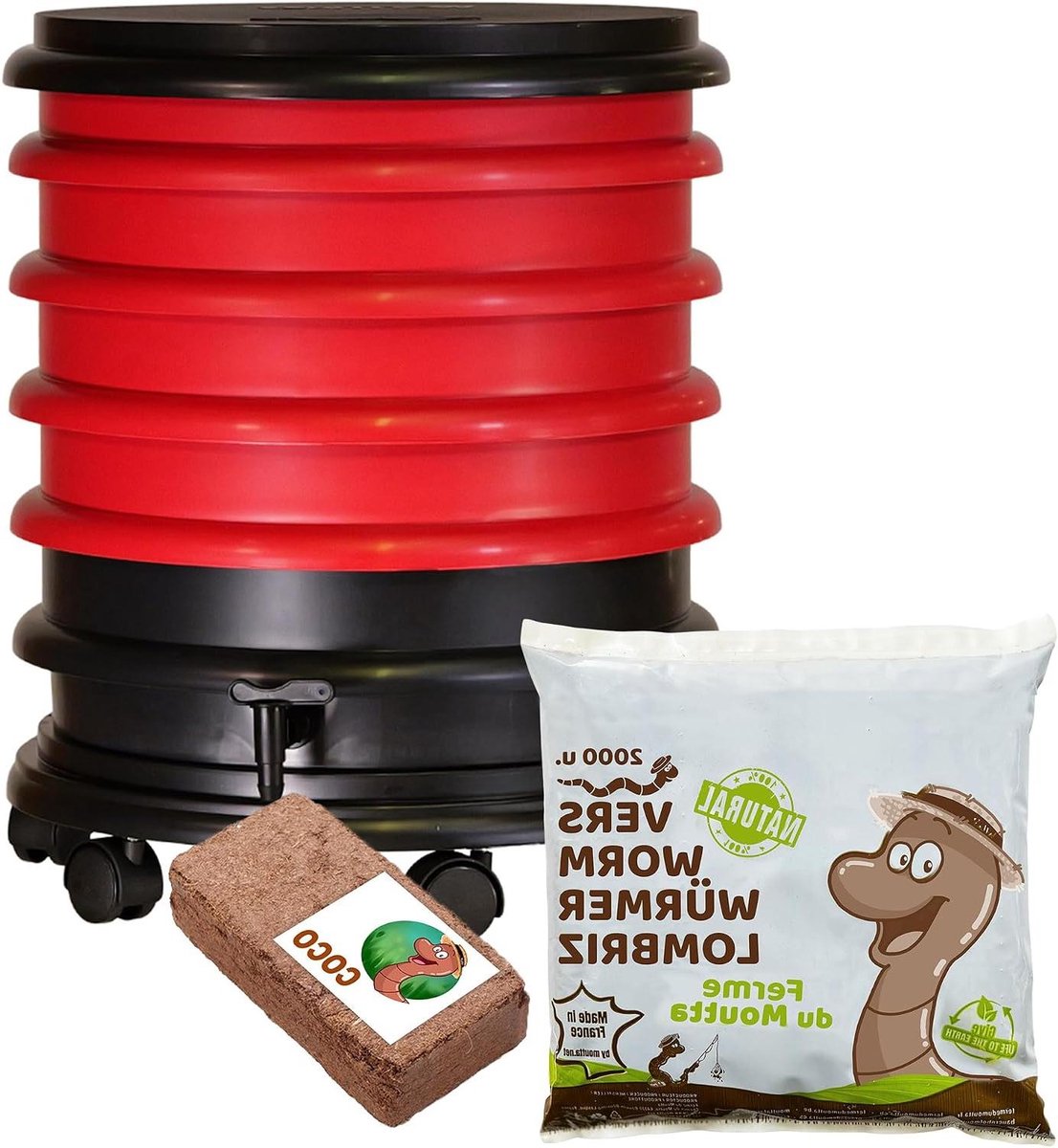 Wormenbak Composteer - Wormenbak Compostbak - Organisch Afval Verwerken - 4 Bakken Stapelbaar - 32 liter - Rood