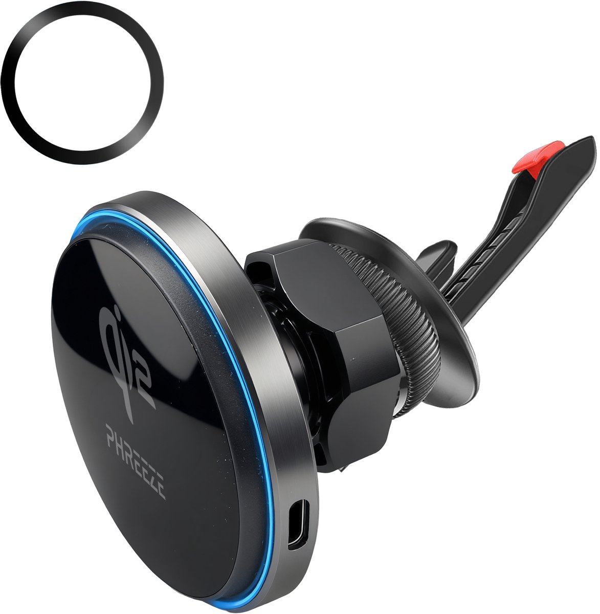 Phreeze CH-MG2 - Telefoonhouders Auto Magnetisch - GSM Houder Auto - Geschikt voor MagSafe Autohouder - Met Draadloos Qi2 Oplader - Telefoonhouder Auto Ventilatie - Metalen Haak - Zwart