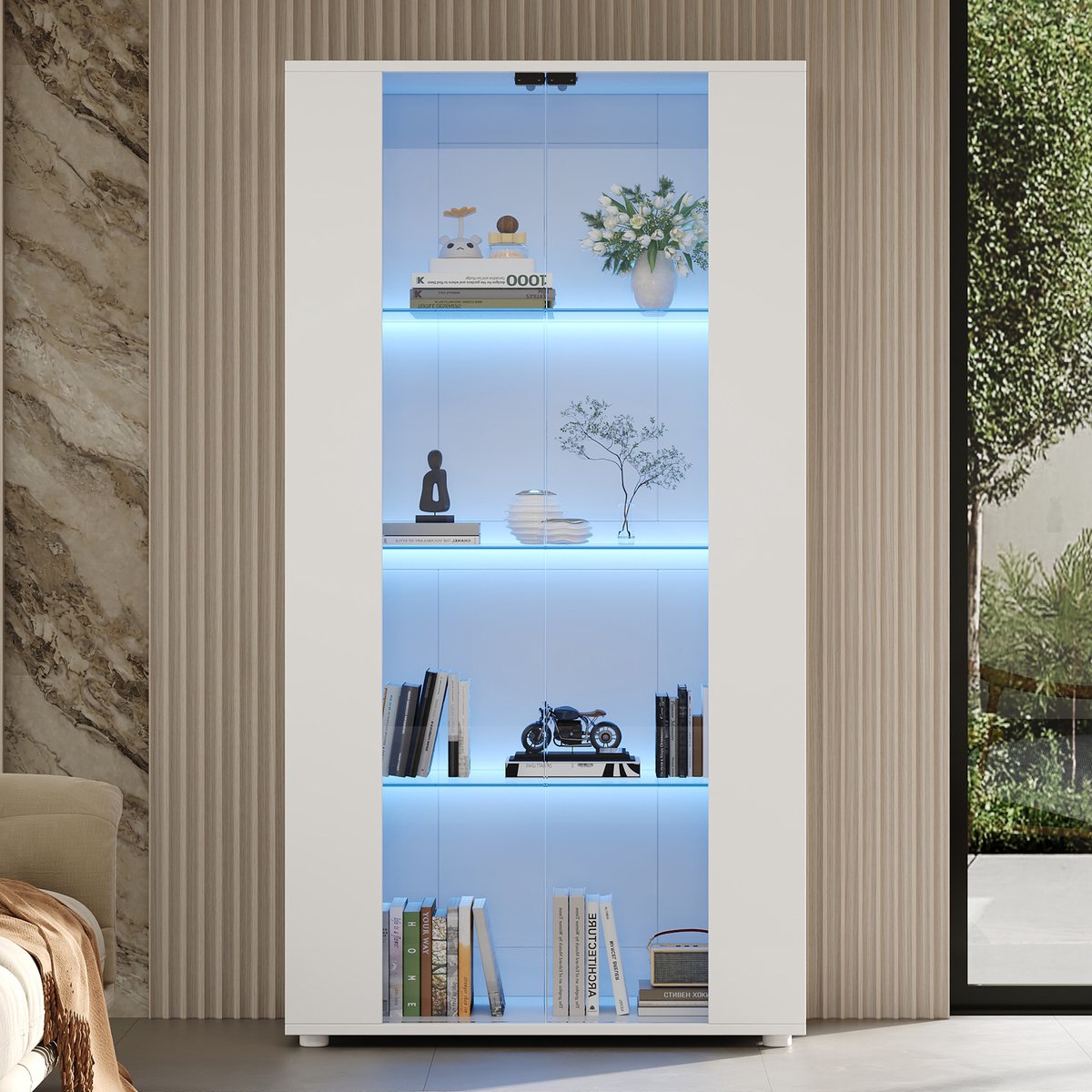 Pugsdrly Vitrinekast met 2 glazen deuren, 4 legplanken en verstelbare led-verlichting – modern design voor de woonkamer, wit, 80 × 36 × 150 cm