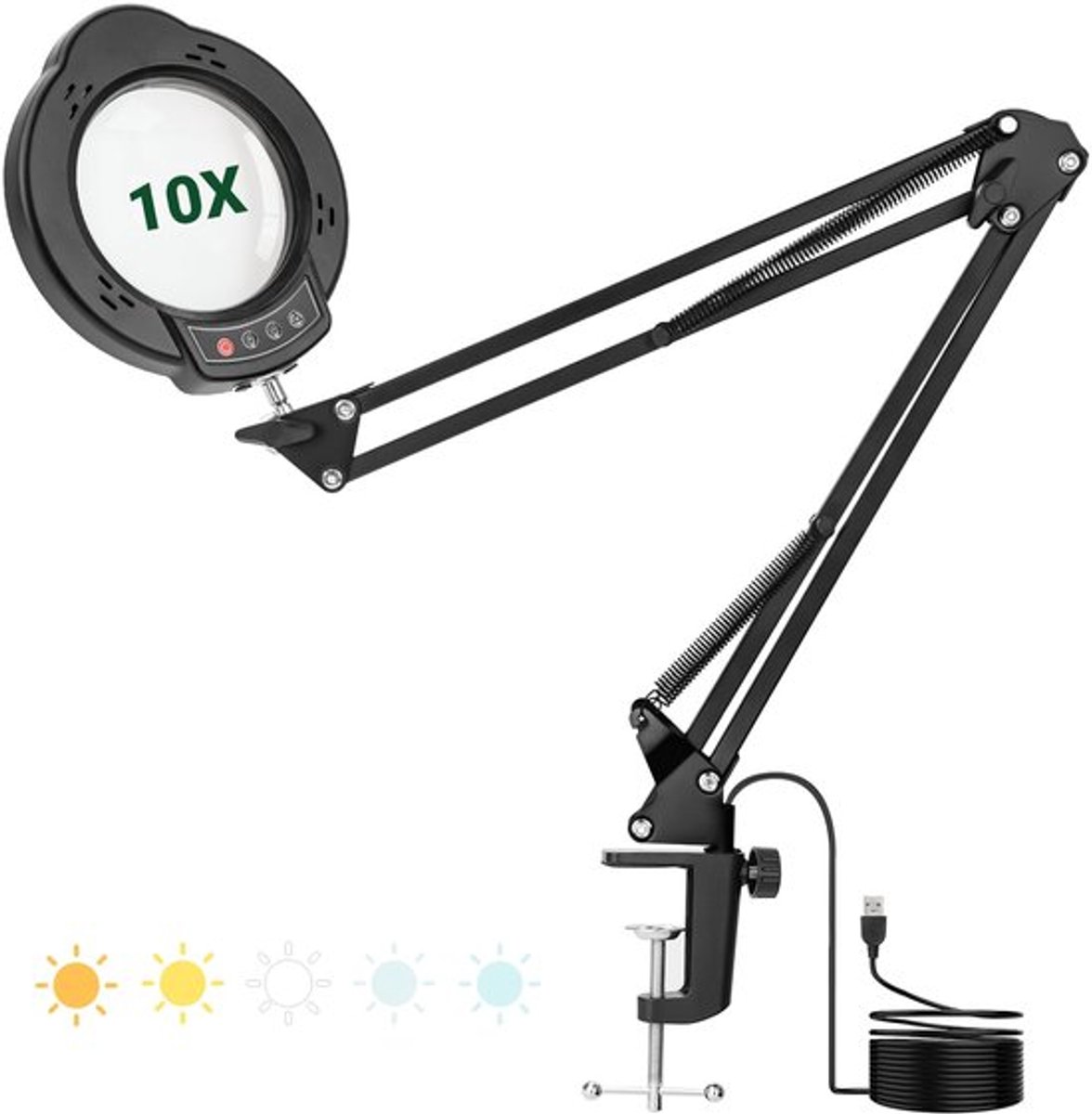 WISYOK Vergrootglas met licht en standaard, 10 x led-vergrootlamp met grote zwenkarm, 5 kleurmodi, 10 traploos dimbaar, 2-in-1 vergrootlamp met klem, leesloep voor senioren, tafelloep, slechtzienden