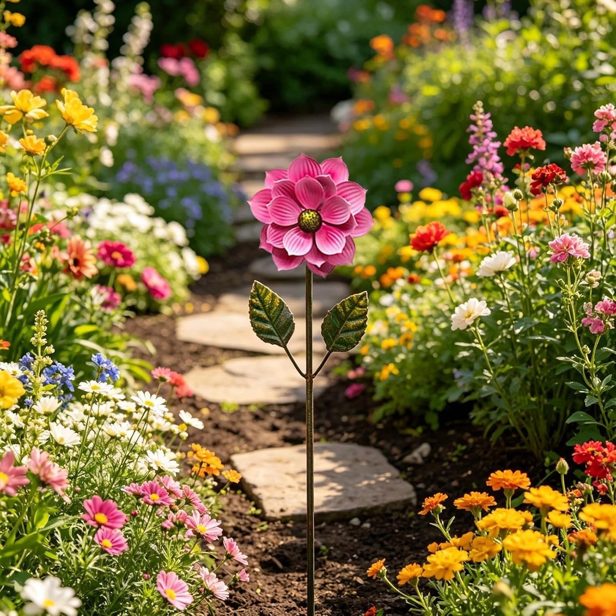 Decoratieve Tuinsteker - Bloem Steker - Tuin Aankleden - Roestvrij Waterdicht Metaal - 44 x 10 cm - Roze