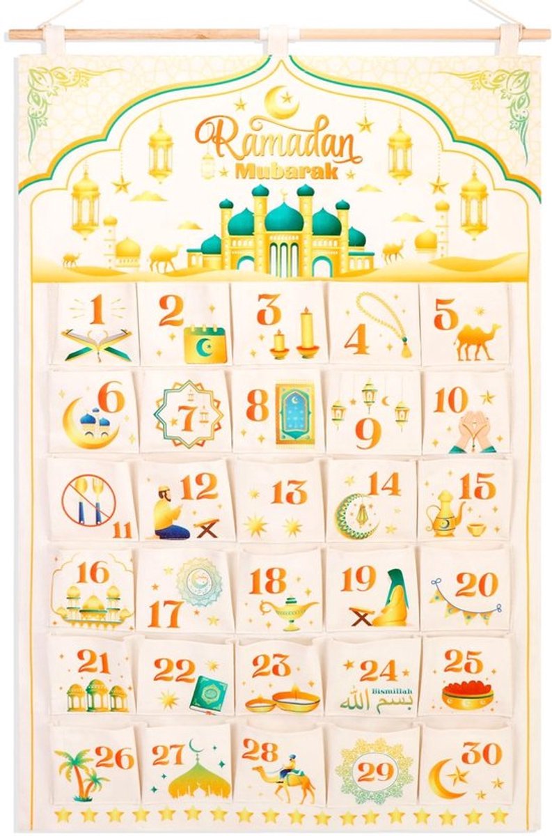 Adventskalender Herbruikbaar - Wandkalender 30 Zakken - Ramadan Aftellen - Eid Decoraties - Witgouden Stof - Inclusief Houten Stok - Aftelkalender