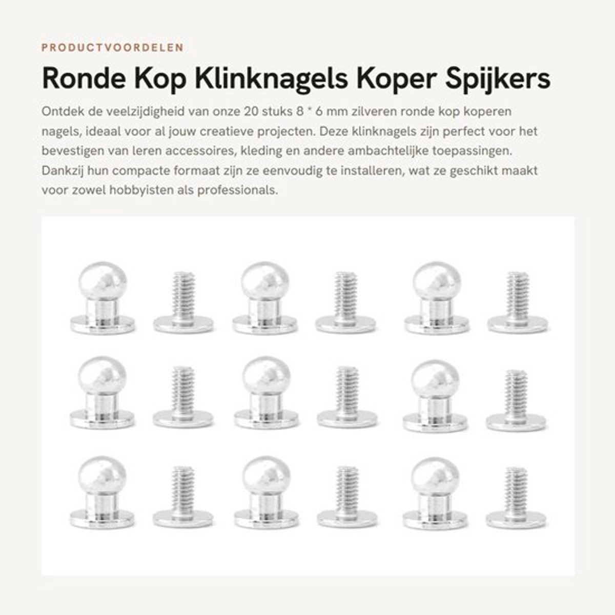 Klinknagel 8*6mm - 20 Stuks - Ronde Kop - Koperen Spijkers - Decoratie Accessoires - Fijn Vakmanschap - Studs