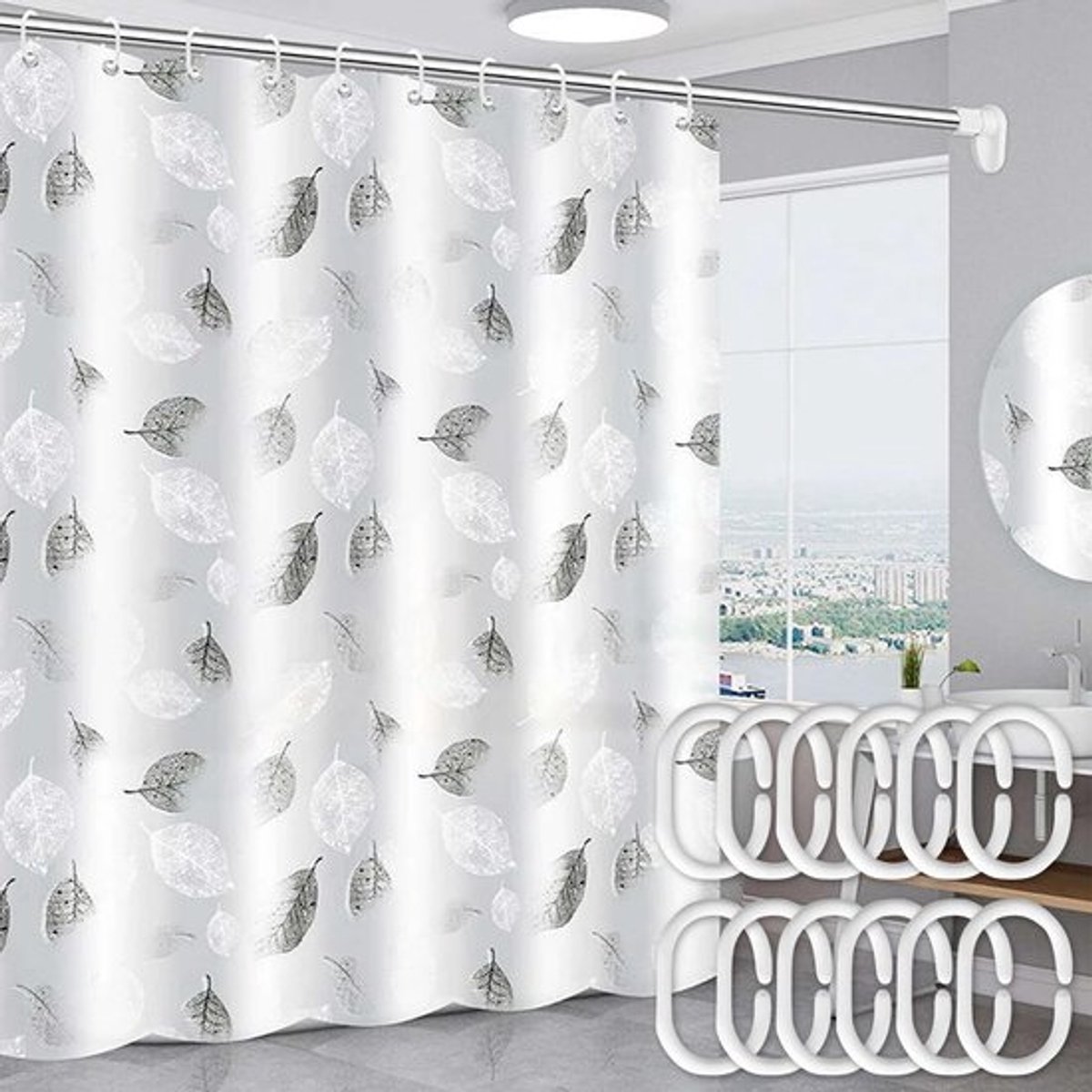 PEVA Douchegordijn, waterdicht, badgordijn, met 12 haken, ideaal voor gezinnen, slaapzaal, hotel, 180 x 200 cm